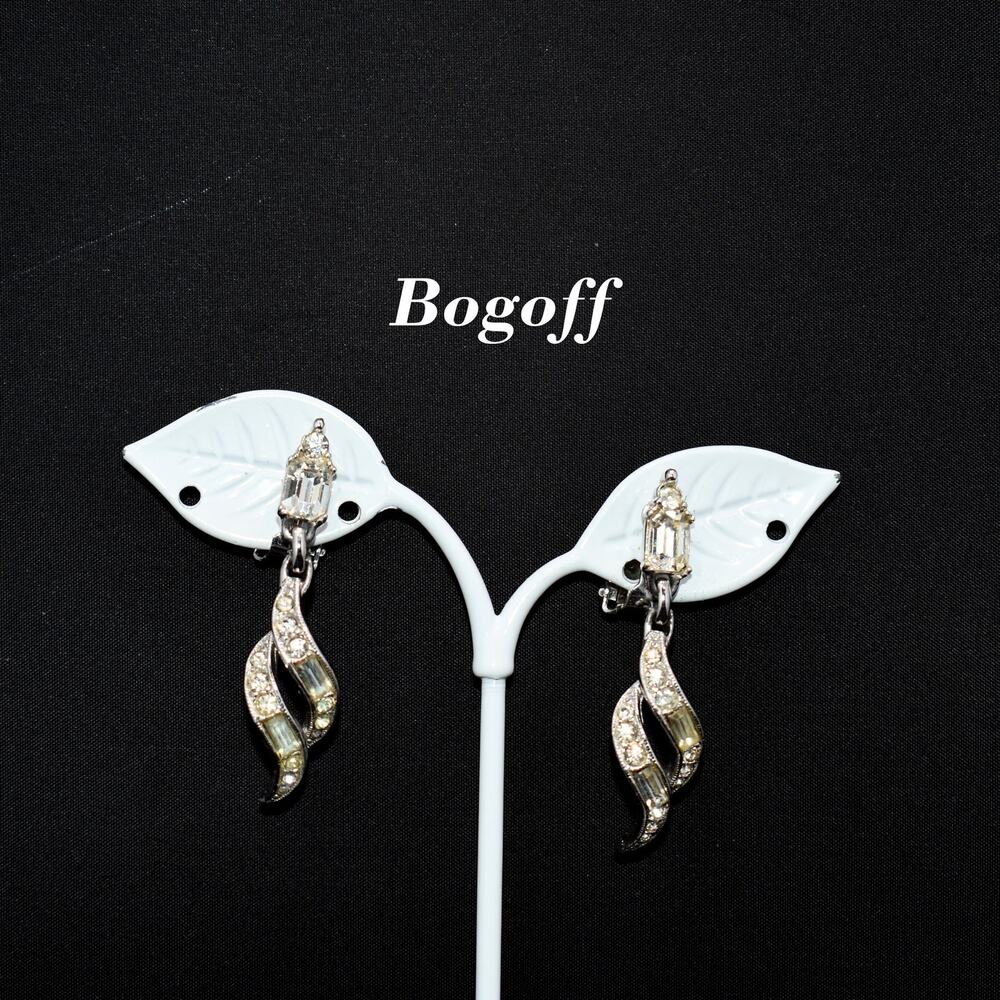 Bogoff Clear Rhinestone Clip Dangle Earrings, Rhodium Plated, Wedding Earrings